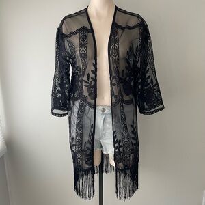 Boho Chic Embroidered Fringe Kimono Open Cardigan Mesh Black Size Medium